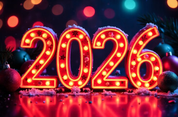 red numbers 2026 on a blurred background on the side. New Year's Eve celebration. greeting card, layout for advertising a store, cafe	