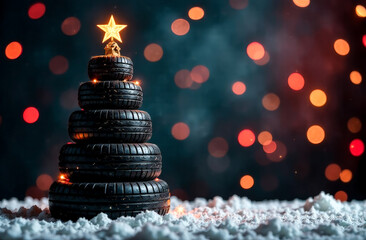 Christmas tree made of car tires on a blurry background with yellow lights. Christmas greeting card from a car repair shop. free space for text
