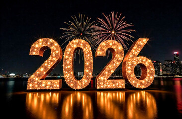 the numbers 2026 on the background of fireworks at night in the city. New Year's Eve celebration. greeting card	