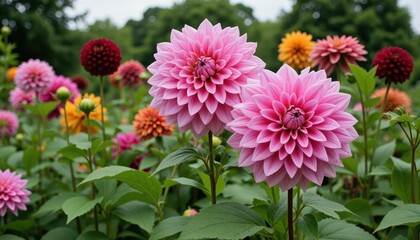 Blooming colorful dahlias public garden floral photography outdoor setting close-up nature's beauty