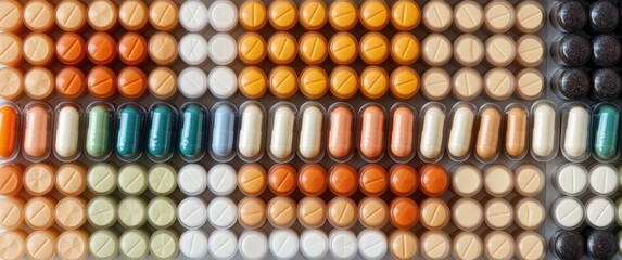 Macro top-down view reveals geometric pattern of medicine capsules sorted by color and size. High-key lighting creates clean pharmaceutical look, with subtle dust and scratches.