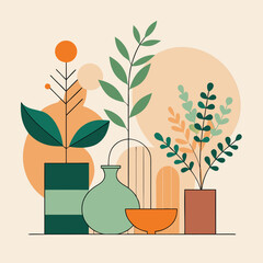 Abstract illustration of various potted plants and vases in a minimalist style.