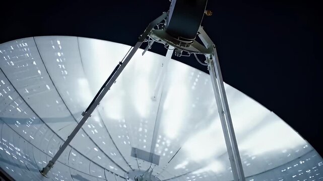 Large, reflective parabolic dish antenna against a dark sky, seen from a low angle