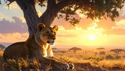 A majestic lioness rests beneath a sprawling acacia tree at golden hour, savanna landscape bathed in warm sunlight.
