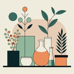 A minimalist illustration of various potted plants and laboratory glassware arranged on a shelf.