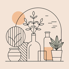 Line art still life of plants, vases, and geometric shapes.