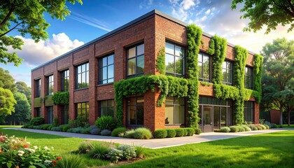 A substantial brick building with lush greenery adorns its facade, showcasing a harmonious blend of nature and architecture.