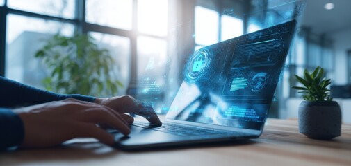 The Laptop Displaying Futuristic Holographic Cybersecurity Interface on a Modern Office Desk