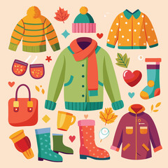 Collection of autumn and winter clothing items, including jackets, hats, scarves, and boots.