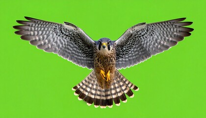 Falco columbarius (esmerejón) en pleno vuelo, alas extendidas, mostrando el detalle del plumaje y su silueta aerodinámica. Fondo completamente verde chroma key uniforme, sin sombras