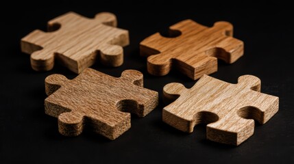 Four Engaging Wooden Puzzle Pieces Arranged on a Dark Background Ideal for Creative Projects, Inspiring Innovation and Curiosity.