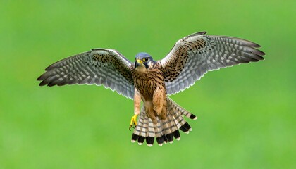 Fototapeta premium Falco columbarius (esmerejón) en pleno vuelo, alas extendidas, mostrando el detalle del plumaje y su silueta aerodinámica. Fondo completamente verde chroma key uniforme, sin sombras