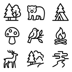 Simple Black Line Art Icons of Forest Animals Trees and Campfire.