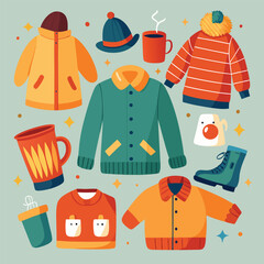 Winter clothing and hot drinks illustration with jackets, sweaters, hats, and mugs.