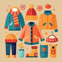 Collection of winter clothing items, accessories, and related objects.