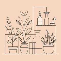 Line art illustration of various plants and vases in minimalist style.
