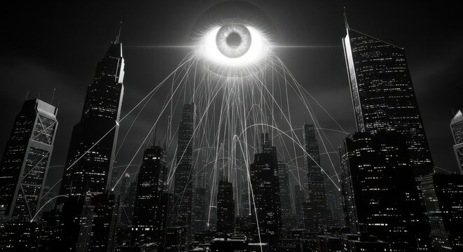 Surveillance City: Eye Overlooking Urban Skyline