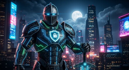Cyberpunk Knight with Glowing Circuit Armor and Sword in Futuristic City at Night