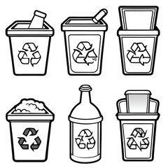 Six recycling bins with the recycling symbol and various recyclable items.