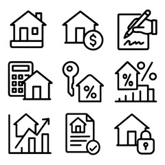 Obraz premium Simple Black Line Icons Representing Real Estate Transactions.