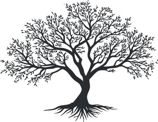 A detailed silhouette of a large tree showcasing intricate branches and roots. Black on transparent background.