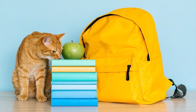 Ginger cat, green apple, and school supplies - Powered by Adobe