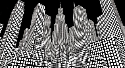 【摩天楼の夜景】白黒で描かれたグラフィックな高層ビル群のイラスト