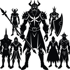 Silhouette illustration of five fantasy warriors in various poses, each with distinct armor and weaponry.