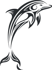 Obraz premium A stylized tribal dolphin design showcasing elegant curves and lines symbolizing ocean life. Black on transparent background.