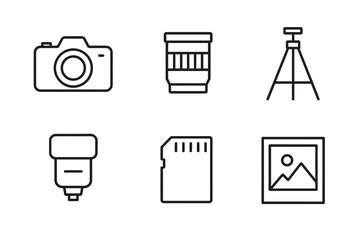 Essential camera and photography equipment icons: camera, lens, tripod, flash, memory card, photo frame