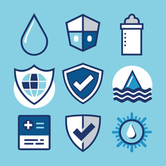 A collection of nine flat design icons related to water safety, purity, and health.