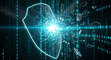 Obraz premium Shattered Digital Shield: Cybersecurity Breach Concept