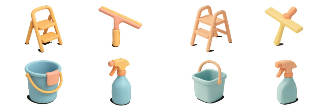 Colorful household cleaning tools and equipment like step ladders, window squeegees, buckets, and spray bottles for home maintenance and tidiness