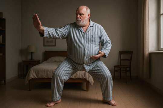 A senior man in striped pajamas practices tai chi in his bedroom. A concept of active aging, wellness, mindfulness, and a healthy morning routine.