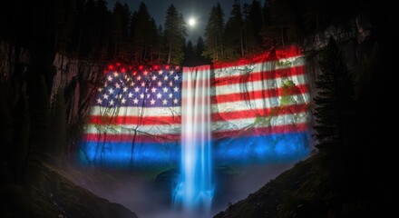 Illuminated waterfall display reflecting national pride beneath the moonlight ambiance amid nature