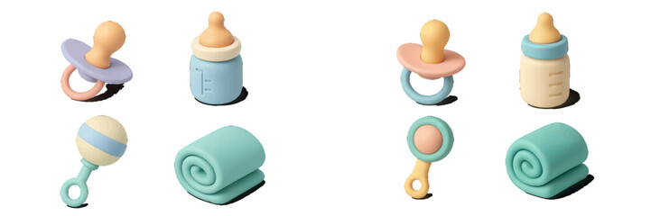 Soft pastel baby accessories collection with pacifiers, bottles, rattles, and blankets on white background