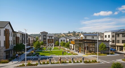 An aerial view of a modern residential community with a central park and charging stations nearby