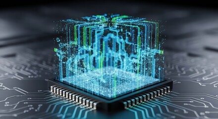 Abstract rendering showcasing complex data processing within a futuristic circuit board