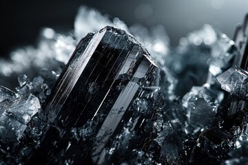 Industrial macro of a graphite electrode surface showing intricate crystalline detail. Harsh lighting emphasizes sharp angles and dark reflections amidst subtle noise.
