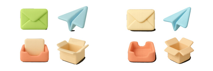 Colorful 3D style icons representing digital communication, messaging, and delivery services for modern web and app interfaces