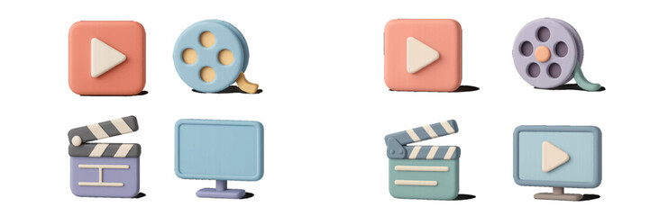 3D media player icons set with play button, film reel, clapperboard, and video monitor symbols
