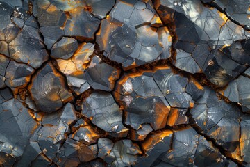 Industrial macro captures graphite electrode surface. Harsh light illuminates intricate crystalline detail, glowing orange fissures, and inherent noise.