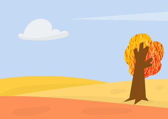 autumn landscape with tree , hills, cloud, blue sky 