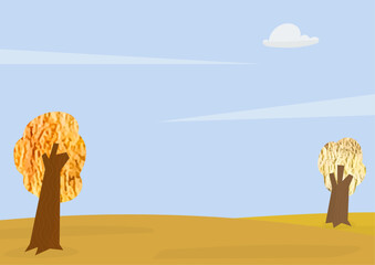 autumn landscape with trees ,hills, cloud, blue sky