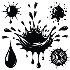 A collection of various black ink splatters, paint drips, and liquid splashes in different shapes and sizes.