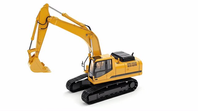 Yellow excavator with black tracks against a white background