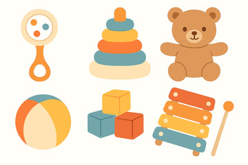 Colorful assorted baby toys: teddy bear, blocks, and more for playful fun