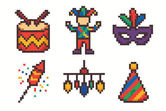 Colorful carnival icons: drums, jester, mask, firecracker, lanterns, party hat in pixel art