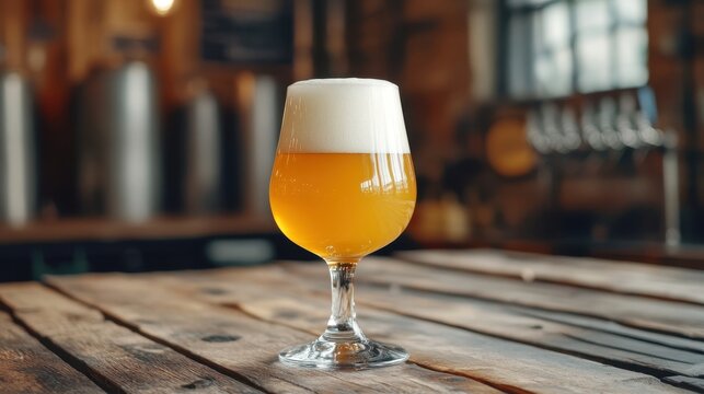 A glass of pale ale beer with thick foam head on a wooden table. Perfect for ads, blogs, or menus for bars and restaurants.