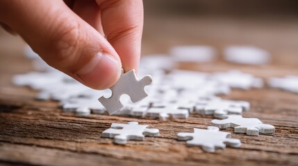 Man Connecting Puzzle Pieces on Wooden Table Promoting Creativity and ProblemSolving Skills, Ideal for Educational and Inspiring Content.